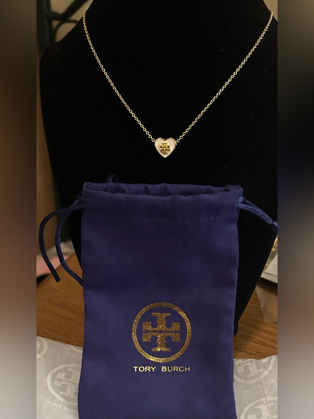 NWT Tory Burch Gold Heart Necklace with White Inlay and Logo AND Dustbag - Picture 2 of 3